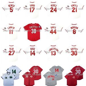 El béisbol universitario viste la camiseta de béisbol de Cincinnati vintage de 1990 30 Ken Griffey Jr. 44 Eric Davis 8 Joe Morgan 11 Barry Larkin 14 Pete Rose 5 Johnny Bench 27 Jose