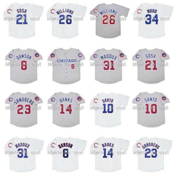 El béisbol universitario usa camisetas de béisbol vintage de 1992 Greg 31 Maddux 21 Sammy Sosa 23 Ryne Sandberg 8 Andre Dawson 14 Ernie Banks 10 Ron Santo 26 Billy Williams