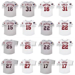 College Baseball draagt ​​vintage 1994 California Baseball Jersey Mike Trout Tim Salmon Bo Jackson Garret Anderson Chuck Finley Jim Abbott Reggie Jackson White Gray