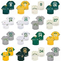 College Baseball Wears Vintage Baseball Jersey 9 Reggie Jackson 24 Rickey Henderson Mark 25 McGwire 33 Jose Canseco 27 Catfish Hunter 34 Rollie Fingers Vert Gris