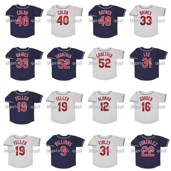 Le baseball universitaire porte un maillot de baseball vintage Bartolo Colon Trevor Hafner Harold Baines CC Sabathia Cliff Lee Bob Feller Roberto Alomar David Justice Matt