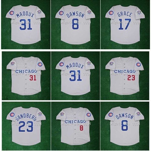 College Baseball porte des maillots de baseball vintage Greg 31 Maddux 23 Ryne Sandberg 8 Andre Dawson 17 Mark Grace 1990 All Star Patch Grey Jersey