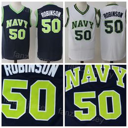 College Basketball 50 David Robinson Jersey University Naval Academy Navy Midshipmen Navy Blue White Embroidery and Sewing for Sport Fans Breathable Men NCAA
