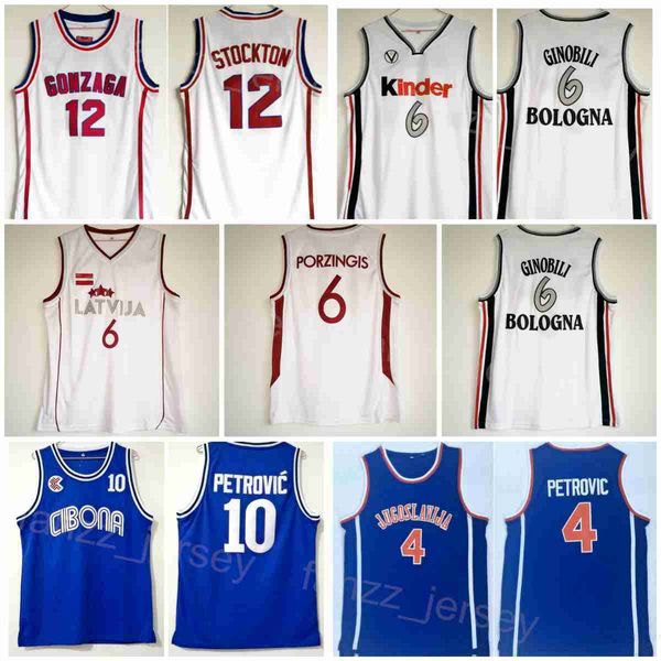 Maillots de basket-ball universitaires 10 Jugoslavija 4 Drazen Petrovic Latvija 6 Kristaps Porzingis Kinder Bologne 6 Manu Ginobili Gonzaga 12 John Stockton Bleu Blanc NCAA