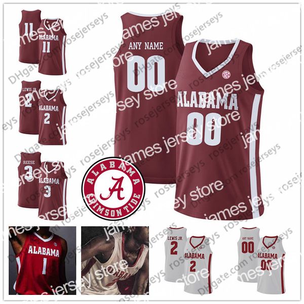 College Basketball porte un maillot de basket-ball personnalisé Alabama Crimson Tide 2020, n'importe quel nom, numéro 2 Kira Lewis Jr. 11 James Bolden 13 Jahvon Quinerly, maillot rouge et blanc 4XL