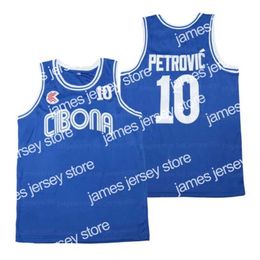 College basketbal draagt ​​op maat gemaakt Drazen Petrovic #10 Kroatië Cibona Jersey Blue genaaid elke naam Nummer maat S-4XL