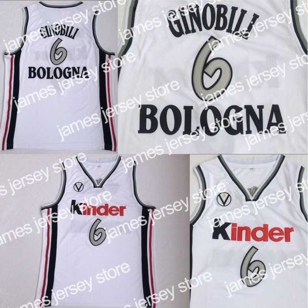 Le basket-ball universitaire porte des maillots universitaires Manu Ginobili # 6 Virtus Kinder Bologne Camiseta De Baloncesto européenne 100% broderie cousue