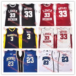 College basketbal draagt ​​gestikte heren basketbal jersey Lower Merion High School 33 Kobe Bryant # Marquette Golden Eagles 3 Dwyane Wade #Memphis Tigers 23 Derrick