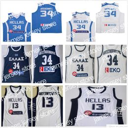 El baloncesto universitario viste camisetas cosidas de la NCAA College Basket Blay Grecia Hellas Giannis AntetokounMpo # 34 Equipo nacional Blue Bianco # 13 AntetokounMpo Shirt Jers