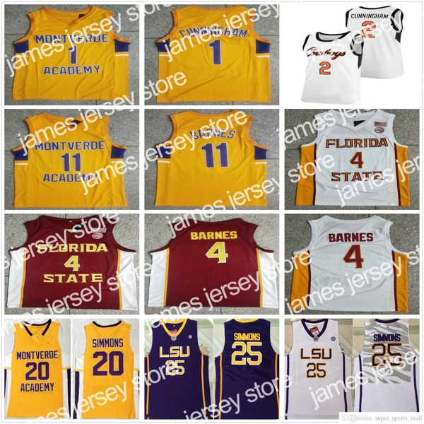 El baloncesto universitario viste cosido NCAA Montverde Academy High School 1 Cade Cunningham Camisetas de baloncesto College 11 Scottie Barnes Yellow Ben 20 Simmons Jersey