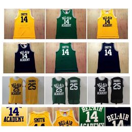 Le basket-ball universitaire porte le maillot Fresh Prince of Bel-Air cousu 14 Will Smith 25 Carlton Banks Bel-Air Academy College Movie Version Jersey vert jaune noir