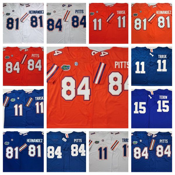 Camiseta de fútbol de los Gators de Florida College En stock 11 Kyle Trask 81 Aaron Hernandez 84 Mark Pitts 15 Tim Tebow bordado camiseta cosida