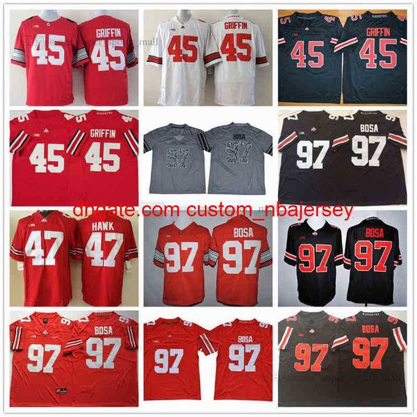 Maillot de football universitaire 97 Joey Bosa 45 Archie Griffin 47 AJ Hawk cousu de haute qualité rouge noir blanc gris