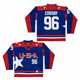 College Hockey US 96 Charlie Conway Jersey Mighty Team Color Blue Borduurwerk en naaien Adembatten University Vintage voor sportfans Adempure Pure Cotton Retro