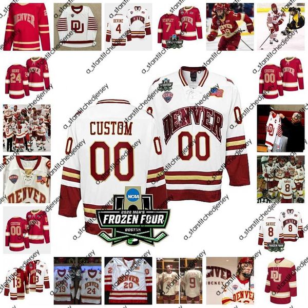 College Hockey Wears 2022 NCAA Frozen Four Championship Custom Denver Pioneers DU ICE Hockey Jersey 7 Brett Stapley 8 Carter Savoie 9 Owen Ozar 13 Massimo Rizzo