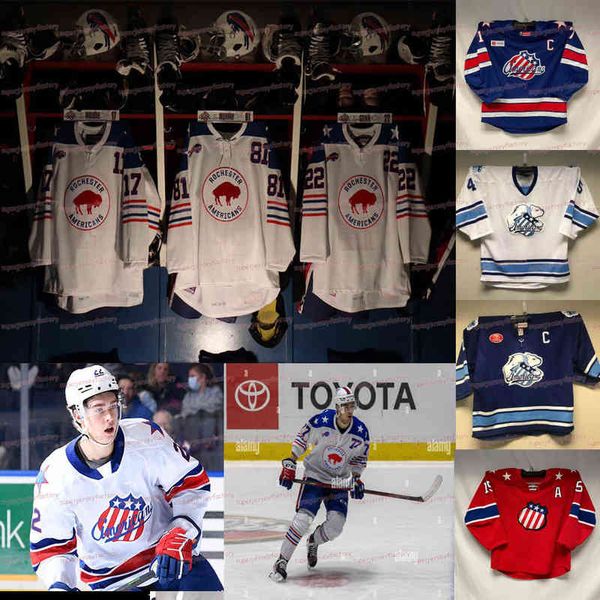 College Hockey porte un maillot personnalisé des Américains de Rochester 2022 Peterka Quinn Mcinnnis Murray Ruotsalaimen Jobst Prow Kevin Porter Maillot de hockey