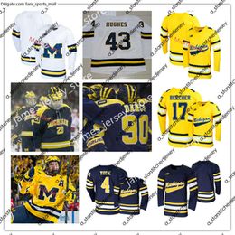 College Hockey porte un maillot de hockey cousu personnalisé des Michigan Wolverines 34 Thomas Bordeleau 37 Jack Leavy 43 Luke Hughes 51 Garrett Van Wyhe 55 Jake Gingell 56