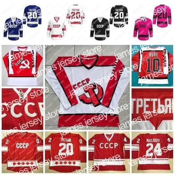 El hockey universitario usa Nik1 10 Pavel Bure 20 Vladislav Tretiak 24 Sergei Makarov 11 Igor Larionov Vintage 1980 CCCP Rusia Inicio Jersey de hockey cosido rojo