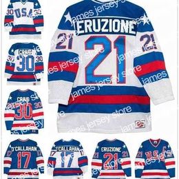 College Hockey Wears Nik1 1980 Miracle On Ice Team # 21 Mike Eruzione # 17 Jack O'Callahan # 30 Jim Craig Maillots de Hockey sur Glace Bleu Blanc Cousu USA Hockey Jersey