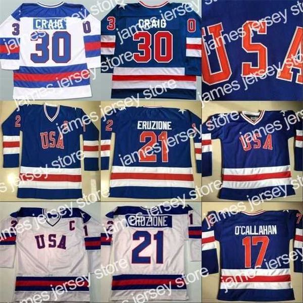 College Hockey Wears Nik1 1980 Miracle On Ice Hockey Jersey # 17 Jack O'Callahan # 21 Mike Eruzione # 30 Jim Craig Men's 100% Stitched Team USA Hockey Jerseys Blue