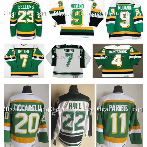 College Hockey Wears Vintage Mike Modano Hockey Jersey DINO CICCARELLI Broten J.P. Parise Craig Hartsburg Brian Bellows JON CASEY Brett Hull Vert Blanc