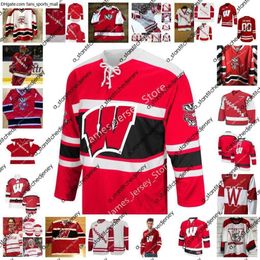 El hockey universitario viste la camiseta de hockey cosida de los tejones de Wisconsin 16 Adam Burish 19 Jake Gardiner 19 Jake McCabe 21 Derek Stepan 27 Cody Goloubef 8 Cole Caufield 4