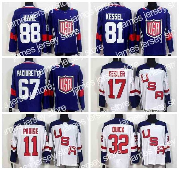 College Hockey porte des maillots de hockey de l'équipe américaine de la Coupe du monde 2016 US 11 Zach Parise 88 Patrick Kane 81 Phil Kessel 32 Jonathan Quick 67 Max Pacioretty 17 Ryan Kesler