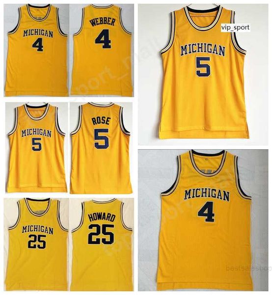 Collège Jersey Michigan Wolverines Basketball Jalen Rose Chris Webber Juwan Howard Maillots Équipe Jaune Cousu Livraison Gratuite