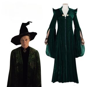 College Magic Professor Minerva McGonagall Cosplay Dress Green Cape Veet Role Play Cloak Halloween Carnival -kostuum