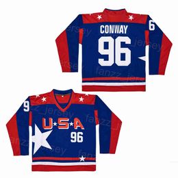 College Moive US Hockey Jersey 96 Charlie Conway Mighty Team Bleu Broderie Couture Respirant Université Vintage Sport Respirant Pur Coton Rétro Pull