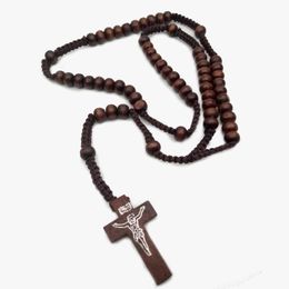 Collier Chapelet Catholique Perles en Bois Collier Croix Fait Main Bijoux religieux