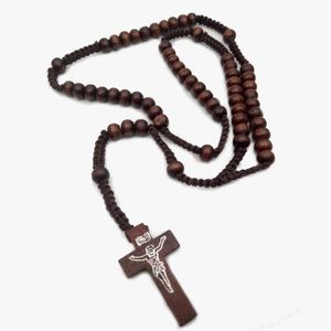 Collier Chapelet Catholique Perles en Bois Collier Croix Fait Bijoux Religieux