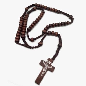 Collier Chapelet Catholique Perles en Bois Collier Croix Artisanal Bijoux Religieux