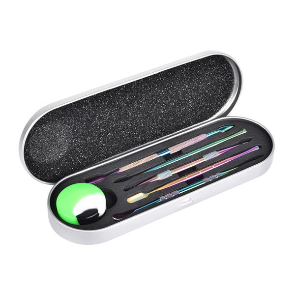 Coloful Dabber Tools Kit Pick Tool Starter Kits para hierbas secas, tabaco, excavación, cera gruesa, aceite, Dab, herramienta de acero inoxidable con caja de tarro de silicona