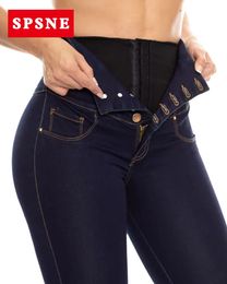 Jean colombien taille haute avec ceinture interne, aplatissez votre ventre, contrôlez vos jambes, bleu marine, taille haute, 240219