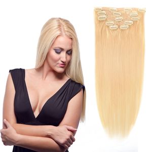 Couleur # 613 7pcs / lot Malaisienne Vierge Cheveux Clip Droit En Extensions de Cheveux Humains Pleine Tête 180g Platine Blonde Remy Pince à Cheveux Humains In