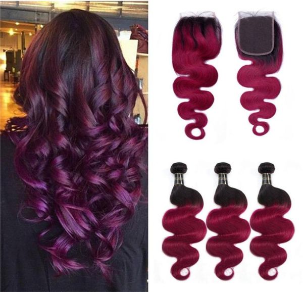 Color berenjena Cabello humano teje con cierre de encaje 44 Parte media Dos tonos 1B Paquetes de cabello fucsia Ombre Body Wave con Top Clos9322519