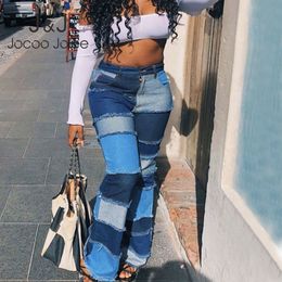 Kleurenblok Hoge Taille Flare Jeans met zakken Streetwear Sexy Dames Broek Bell Bottoms Skinny Denim Jean Pants 210518