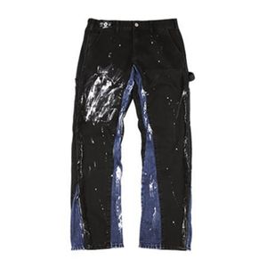 Bloc de couleur peint streetwear cordon de crampons jeans hommes fracas ruban latéral pantalon de jean décontracté lâche pantalon de couple harajuku hip hop