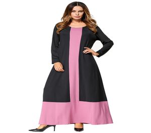 Kleurblok Patchwork Maxi Lange jurk Moslim Kaftan Vrouwen Maxi -jurken Zwart roze ronde ronde nek Lange mouw gewaden herfst6218188