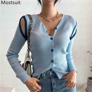 Kleur geblokkeerde gebreide V-hals vest tops vrouwen schouder open volledige mouw single-breasted trui Koreaanse vintage jumpers 210513