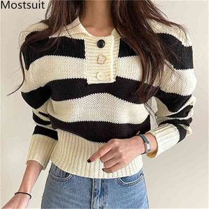 Kleur-geblokkeerde gestreepte gebreide vrouwen Pullover Sweater Volledige mouw Turn-down Kraagknopen Tops Koreaanse elegante vrouwelijke jumper 210513