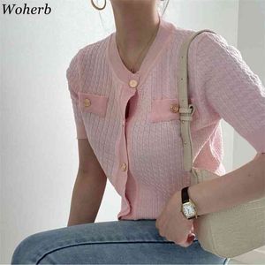 Kleur-geblokkeerde V-hals vest tops vrouwen zomer korte mouw enkele breasted trui Koreaanse elegante dames jumpers 210519