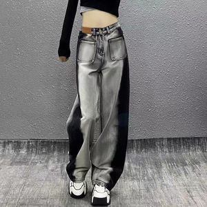 Jeans con bloques de color para mujer primavera y otoño 2024, diseño recto y suelto, pantalones de trapeador de pierna ancha versátiles, delgados y de cintura alta