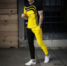 Ensemble de vêtements pour hommes, t-shirt et pantalon à manches courtes, motif de blocage de couleur, impression 3D, mode, deux pièces, 240305
