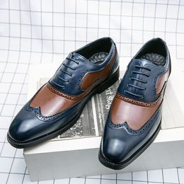 Zapatos de bloqueo de color elegante pu oxford hombres broging encaje de punta puntiaguda