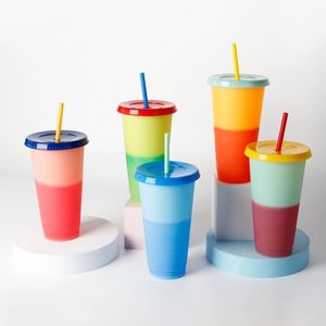 Kleur veranderende kopjes met stro set koud drankje kop verkleuring drinkende tuimelaars deksel zomer ijskeerde koffie drinkwaren
