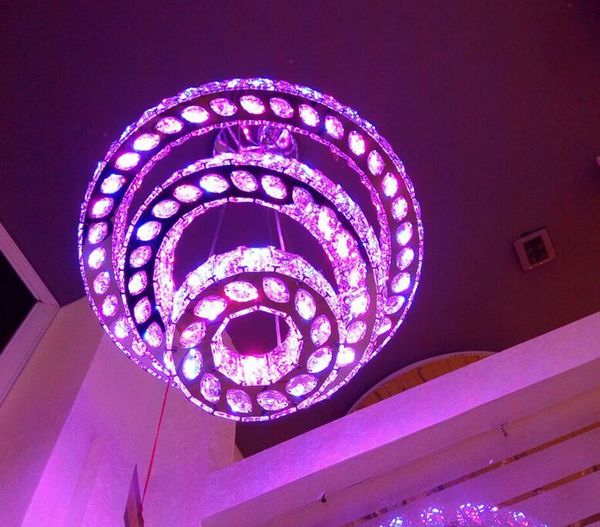 Lámpara colgante LED RGB que cambia de Color, lámpara de cristal redonda de lujo, 3 anillos, lámpara suspendida colgante para bar, tienda, decoración del hogar MYY