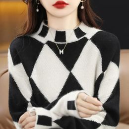 Suéter de lana con cuadros de diamantes en contraste de Color, suéter de medio cuello alto para mujer, suéter suelto de moda, Top inferior de punto 240109