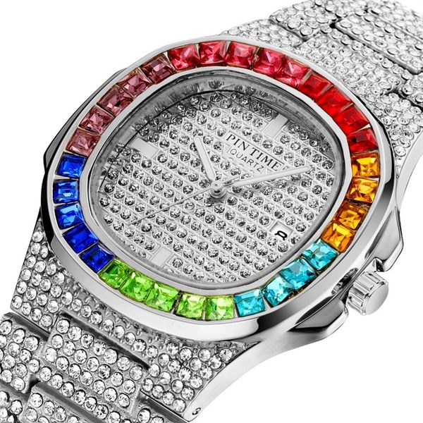 Color Diamante Cuadrado Mujeres Hombres Reloj de cuarzo Impermeable Iced Out Hip Hop Todos los diamantes Vestido de moda de lujo Reloj Silver Rose 220f